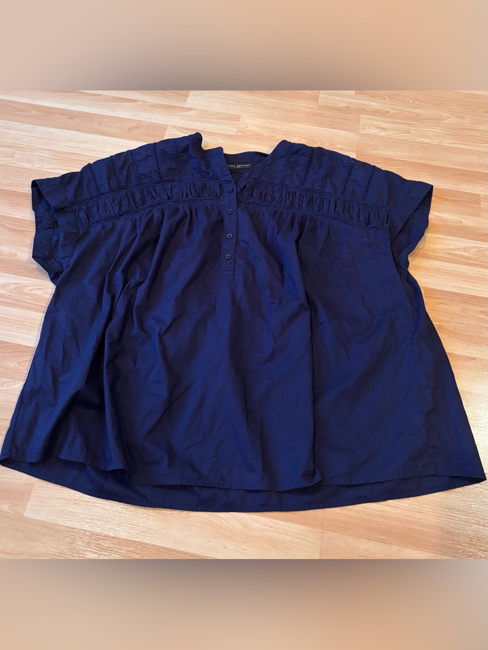 Lane‎ Bryant  Navy Short-Sleeve Smocked Yoke Top - Navy